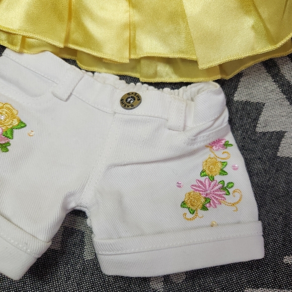 2009 Build a Bear Yellow Satin Rose Top & White Embroidered Jeans Set #1004720 - Picture 5 of 12